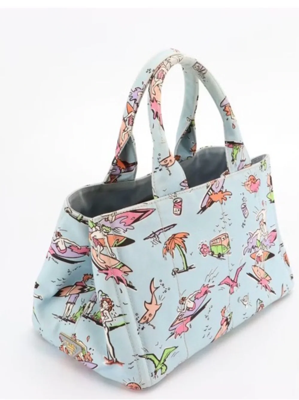 Prada Light Blue Surfing Print Canvas Tote Bag